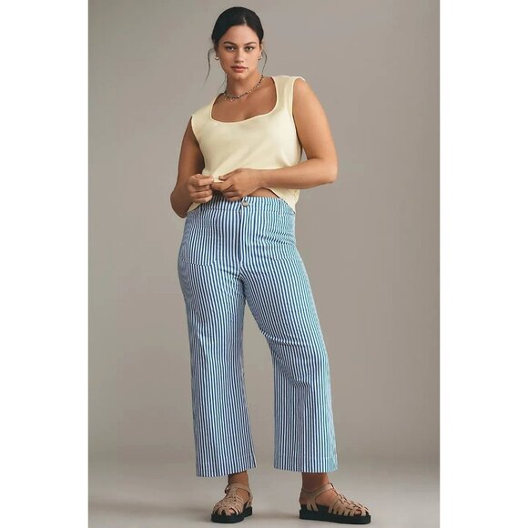 Anthropologie Maeve Colette Crop Linen Pants Wide Leg Blue Stripe 24W NWT - Picture 1 of 16